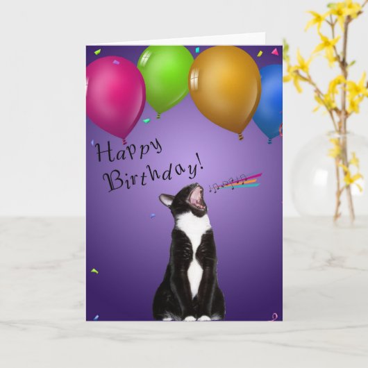 Zingen Kat Verjaardag Kaart (Gele Bloem)