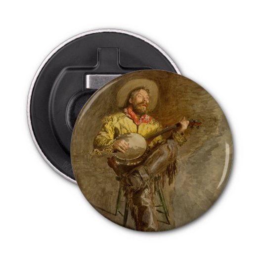 Zingen Spaanse cowboy en banjo spelen Trail Song Button Flesopener (Voorkant)
