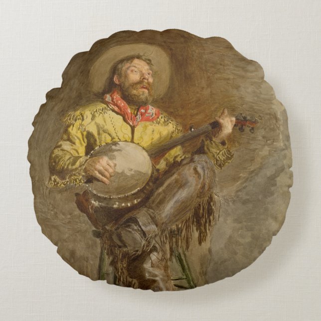 Zingen Spaanse cowboy en banjo spelen Trail Song Rond Kussen (Voorkant)