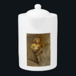 Zingen Spaanse cowboy en banjo spelen Trail Song Theepot<br><div class="desc">Het kampvuur kraakte en wierp dansende schaduwen over de gezichten van de vermoeide reizigers. Terwijl de zon onder de horizon dook en de lucht in oranje en paarse tinten schilderde, kwam er een eenzame figuur uit de schemering tevoorschijn. Een Spaanse cowboy, zijn gezicht verweerd door jaren van zon en wind,...</div>