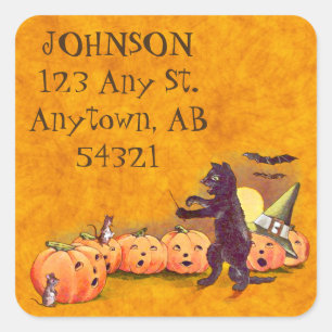 zingen Zwart Kat Halloween-adreslabel Vierkante Sticker