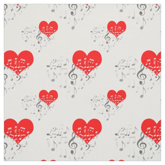 Zingend hartpatroon. Rode harten, grijze noten Stof (Swatch)