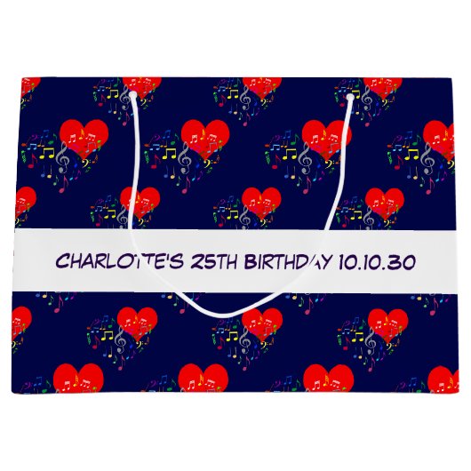 Zingend Heart Pattern. Rode harten, kleurrijke not Groot Cadeauzakje (Voorkant)