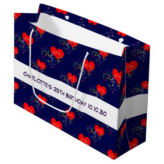 Zingend Heart Pattern. Rode harten, kleurrijke not Groot Cadeauzakje (Voorkant Gekanteld)