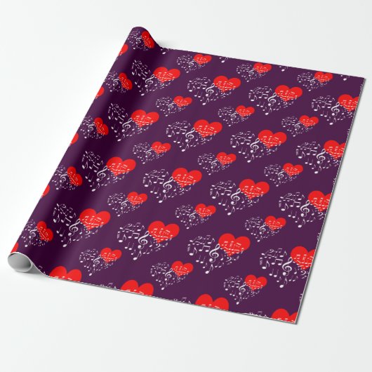 Zingend Heart Pattern. Rode harten, witte noten Cadeaupapier (Uitgerold)