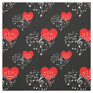 Zingend Heart Pattern. Rode harten, witte noten Stof