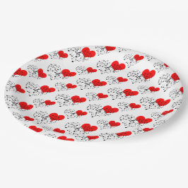 Zingend Heart Pattern. Rode harten, zwarte bladzij Papieren Bordje