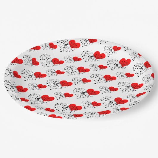 Zingend Heart Pattern. Rode harten, zwarte bladzij Papieren Bordje (Gekanteld)