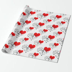 Zingend Heart Pattern. Rode harten, zwarte noten Cadeaupapier