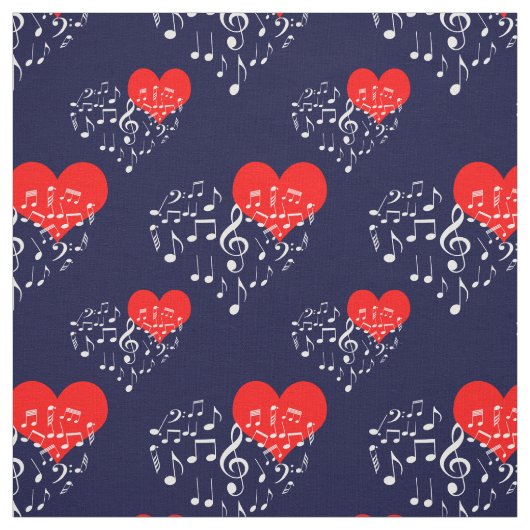 Zingend Heart Pattern. Witte noten, marineachtergr Stof (Swatch)