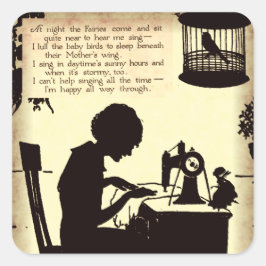 Zingend naaiende dame  sprookje gedicht vierkante sticker
