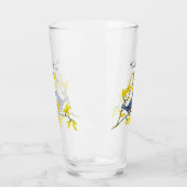 Zingend Rood Blauw Vogel op Tak Geel Bloemen Glas (Links)
