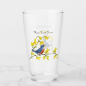 Zingend Rood Blauw Vogel op Tak Geel Bloemen Glas (Voorkant)