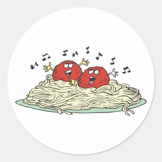 zingende balletjes op spaghetti ronde sticker (Voorkant)
