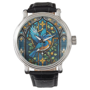 Zingende Bluebird: Glas in lood Serenade Horloge