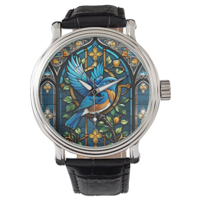 Zingende Bluebird: Glas in lood Serenade Horloge (Voorkant)