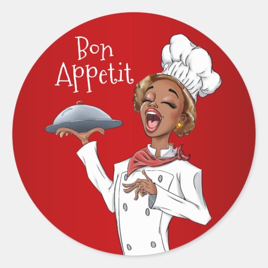 Zingende Chef Vrouw op Rode Achtergrond Ronde Sticker (Voorkant)