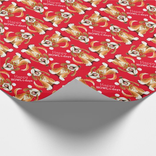 Zingende hondenkunst gelukkig feestdagen Kerstmis Cadeaupapier (Hoek)