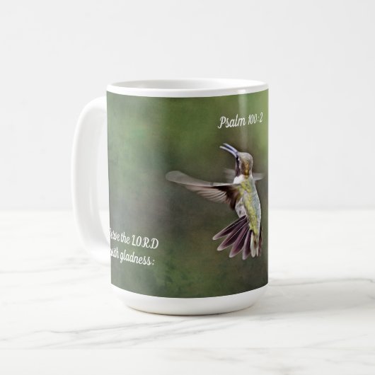 Zingende Hummingbird Scripture Mok Cup Psalm 100:2 (Voorkant links)