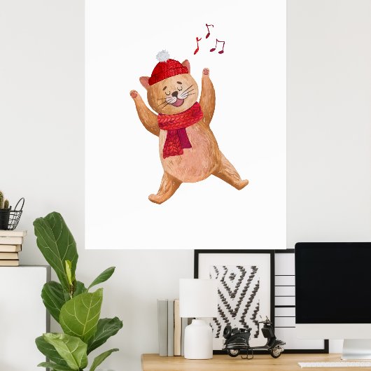 Zingende Kat Kerstman Kerst Winter Slaapkamer Poster (Thuiskantoor)