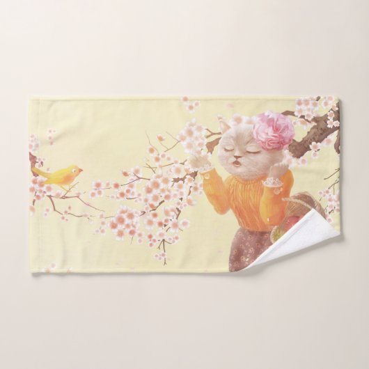 Zingende Kat met Bloemmand Handdoek (Handdoek)