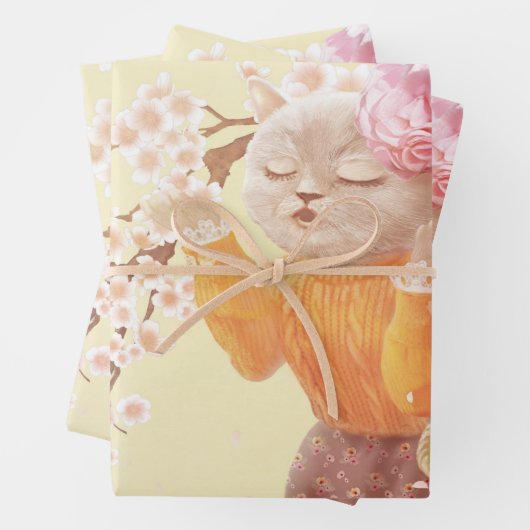 Zingende Kat met Bloemmand Inpakpapier Vel (In situ)