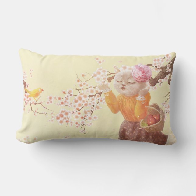 Zingende Kat met Bloemmand Kussen (Voorkant)