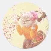 Zingende Kat met Bloemmand Ronde Sticker (Voorkant)
