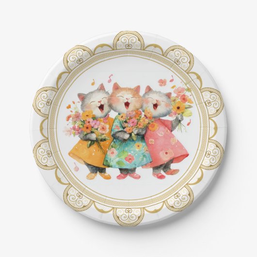 Zingende Katten met Boeketten Papieren Bordje (Voorkant)