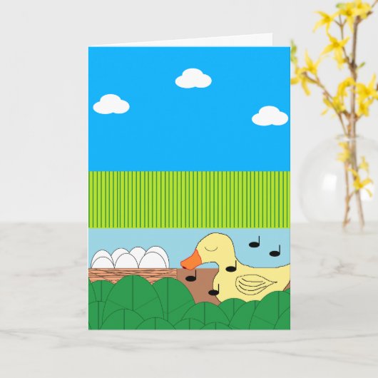 Zingende moeder eend in de buurt van Water: Blank Kaart (Gele Bloem)