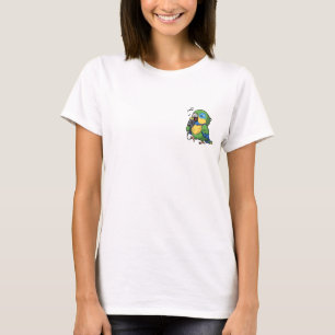 Zingende papegaai met vintage microfoon en muziek t-shirt