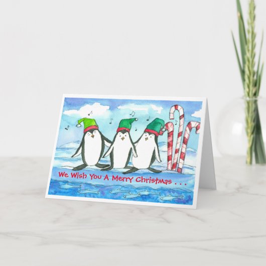 Zingende pinguïns vrolijk kerstfeest feestdagen kaart (Voorkant)
