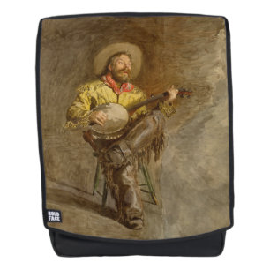 Zingende Spaanse Cowboy met Banjo die Trail Song s Rugtassen