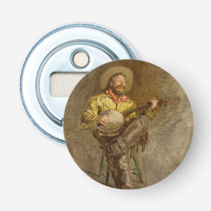 Zingende Spaanse Cowboy met banjo spelend trailson Button Flesopener