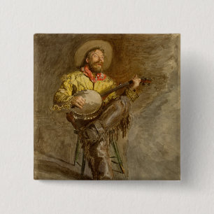 Zingende Spaanse Cowboy met banjo spelend trailson Vierkante Button 5,1 Cm
