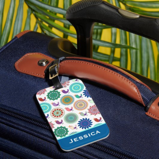 Zingende Vogel en Mandala Folk Pattern Persoonlijk Bagagelabel (Voorkant Insitu 1)