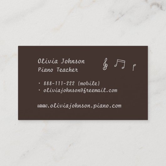 Zingende vogel op Piano Doodle Music Piano Teacher Visitekaartje (Achterkant)