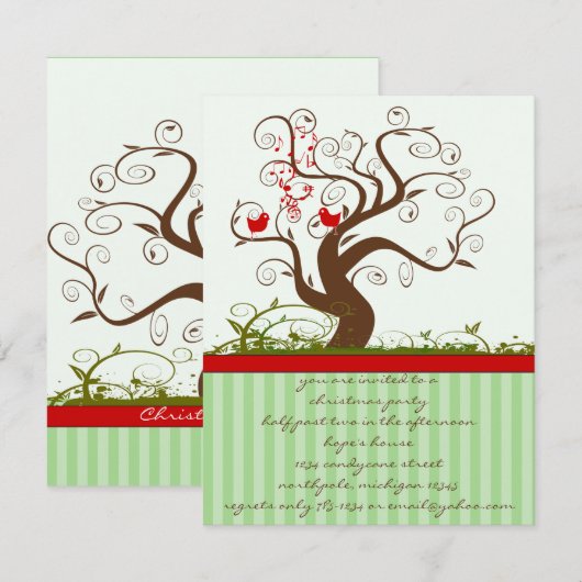 Zingende Vogelboom wervelen Kerstmis Party uitnodi Kaart (Voorkant / Achterkant)