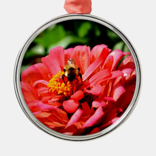 zinnia bij bijen en koraal metalen ornament (Voorkant)