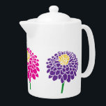 Zinnia bloem tekening porseleinen theepot<br><div class="desc">Zinnia bloem tekening porselein theepot ontwerp met deksel. Trendy bloemenontwerp met aangepaste kleur. Roze rode en paarse kleuren.</div>