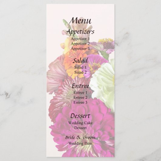 Zinnia Boeket Gemengde Kleuren Trouwmenu Menu (Voorkant)