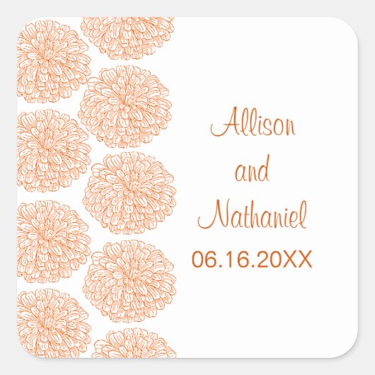 Zinnia Border Wedding Stickers, Tangerine Vierkante Sticker (Voorkant)