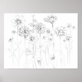 Zinnia Cosmos Flowers Pencil Tekening Botanisch Poster
