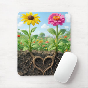 Zinnia- en margrietbloemen met hartvormige wortels muismat
