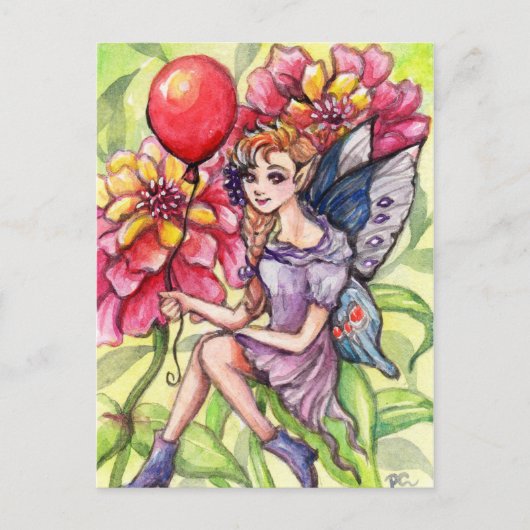 Zinnia Fairy met Rode ballon Briefkaart (Voorkant)
