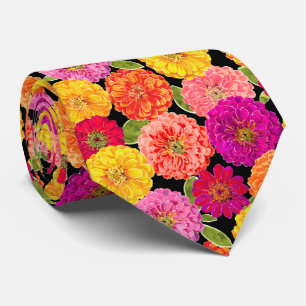 Zinnia Floral Helder Roze Sinaasappel Geel Patroon Stropdas