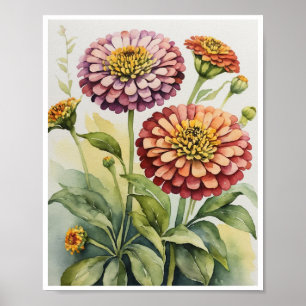 Zinnia Flowers Handgemaakte Water Color Wall Poste Poster