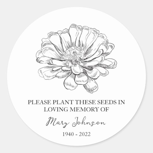 Zinnia Memorial Funeral Seed Packet Ronde Sticker (Voorkant)