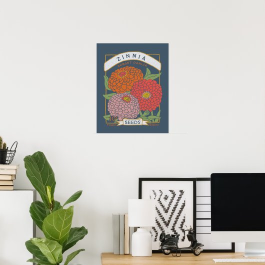 Zinnia Seed Packet Poster (Zacht zeemacht) (Thuiskantoor)