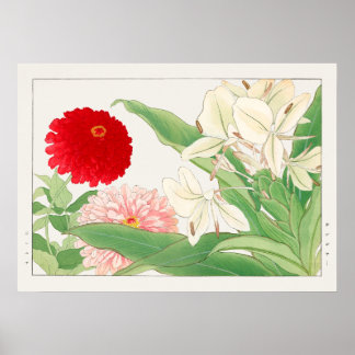 Zinnia & White Ginger Lily Flower, Tanigami Konan, Poster